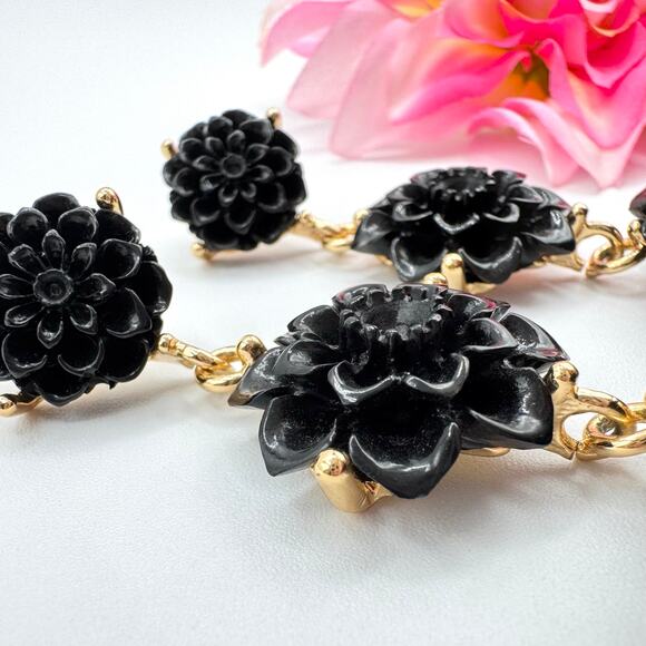 Rare Kenneth Jay Lane Black Resin Flower Drop Earrings Duster Statement Floral - Picture 8 of 14